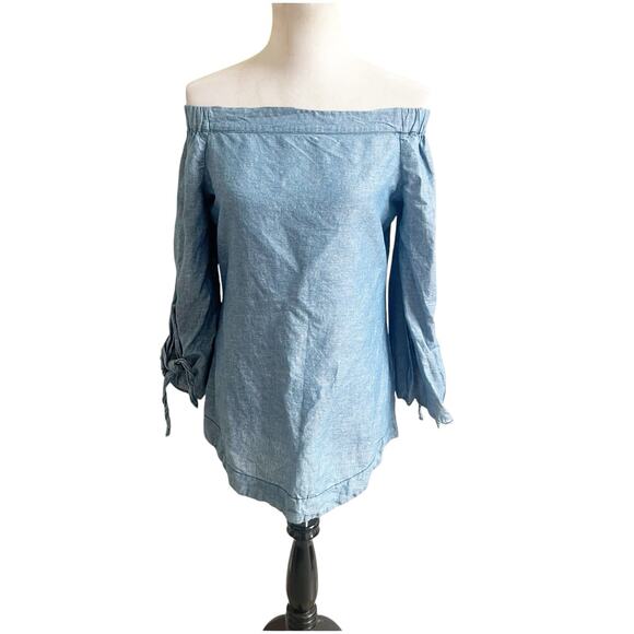 Free People show me some shoulder tie sleeve top chambray blue Size XS Bohemian - Picture 2 of 10